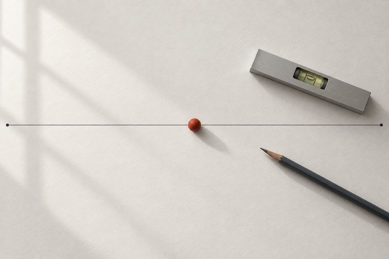 Uma esfera vermelha equilibrada no centro de uma linha de nanquim sobre papel, ao lado de um nível de bolha e um lápis
